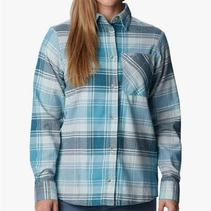Columbia Women's Calico Basin Flannel Shirt Aqua Haze Dimensional Buffalo